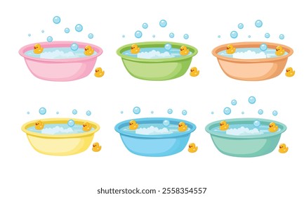 Baby bathtub with foam, soap bubbles and a yellow rubber duck. Bathtub cartoon clipart in flat style isolated on white background. Baby shower, baby element set.