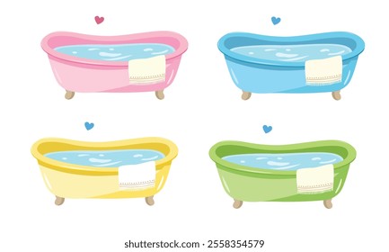 Baby bathtub with foam, soap bubbles and a yellow rubber duck. Bathtub cartoon clipart in flat style isolated on white background. Baby shower, baby element set.