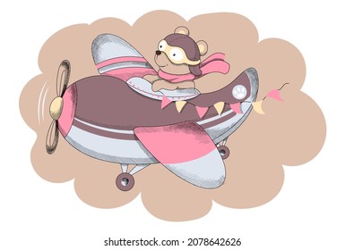 Baby bear in airplane. Pilot flying. Character travels. Adventure, tourism idea. Graphic elements for printing on childrens tshirt. Greeting postcard invitation card. Cartoon flat vector illustration