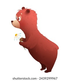 Baby bear animal character illustration for kids. Cute teddy bear presenting or holding a flower. Hand drawn zoo animal design. Vector illustrated animals character for children.