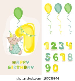 Baby Bear Birthday Card - with Editable Numbers - invitation, congratulation -  in vector