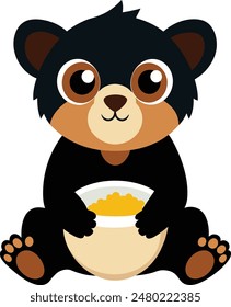 Baby bear with bowl vector illustration logo
