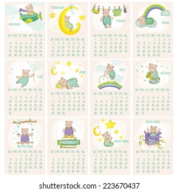 Calendario del oso bebé 2015 - la semana comienza con el domingo - en vector