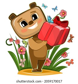Baby Bear carries gift to friend. Red box with ribbon and bow. Summer childrens illustration. On glade among flowers and butterflies. Cartoon style. Isolated on white background. Vector.