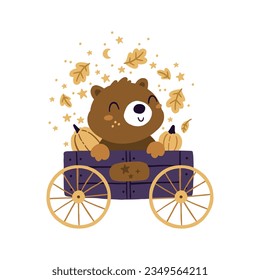Baby bear in a cart isolated on white background. Vector autumn teddy illustration with pumpkins and leaves.