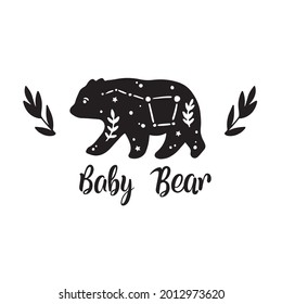 baby bear in celestial style. little teddy bear silhouette with stars. children's print. lettering "baby bear"