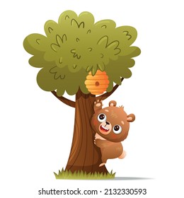 Baby bear climbs a tree for honey from a beehive. Drawn in cartoon style. Vector illustration for designs, prints and patterns. Isolated on white background