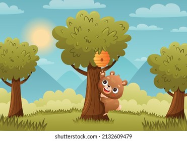 Baby bear climbs a tree for honey from a beehive. Sky, sun, trees on the background. Drawn in cartoon style. Vector illustration for designs, prints and patterns