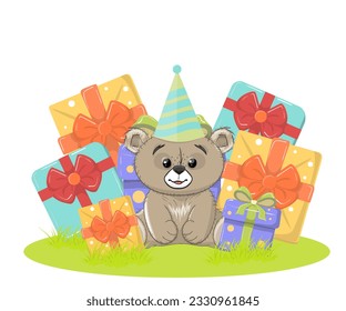 Baby bear with colorful gift boxes childish vector illustration. Cute baby bear cartoon style