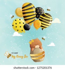 Oso bebé volando con globos de abeja