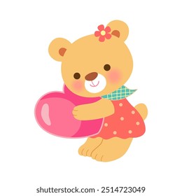 Baby bear girl holding heart on white background.