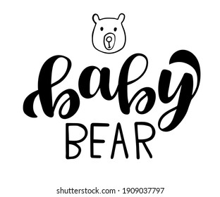 Baby bear. Hand drawn typography vector phrase with bear illustration. Vector  isolated on white background. Brush calligraphy.