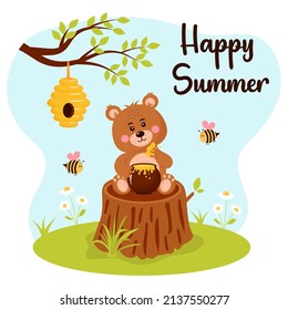 Baby bear with honey pot is sitting on the tree stump and cute round bees is flying around him. Beehive hanging on a branch. Summer meadow with daisies. Happy summer text. Vector illustration.