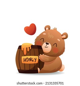 Baby bear hugs a barrel of honey. On a wooden barrel the inscription Honey. Drawn in cartoon style. Vector illustration for designs, prints and patterns. Isolated on white background