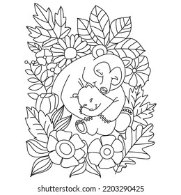 Baby bear and mom baby bear sleeping on her mother's hand flowers Autumn coloring illustration pages