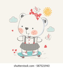 baby bear on skateboard.hand drawn vector illustration.can be used for kid's or baby's shirt  design,fashion graphic, kids wear, baby shower card,celebration card, greeting card, invitation card