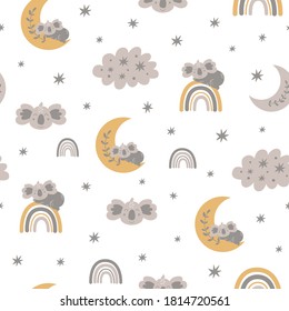 Baby bear pattern. Sweet dream. Sleeping koala bear on the moon, rainbows, clouds, stars. Scandinavian kids texture