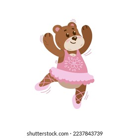 Baby bear in pink tutu and pointe shoes in Scandinavian style. Cute animal ballerina character vector illustration. Ballet concept for birthday card or shirt designs for girls