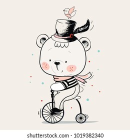 Baby Bear ridding on a bicycle. hand drawn vector illustration in vintage style. Can be used for baby t-shirt print, fashion print design, kids wear, baby shower celebration greeting / invitation card