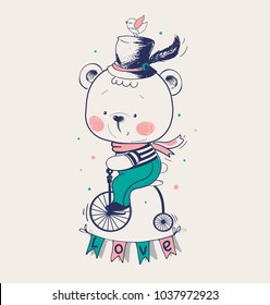 Baby Bear ridding on a bicycle. hand drawn vector illustration in vintage style. Can be used for baby t-shirt print, fashion print design, kids wear.