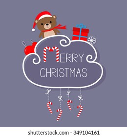 Baby bear in Santa hat, giftbox, snowflake, ball. Merry Christmas card. Hanging Candy Cane. Dash line with bow. Flat design. Violet background. Vector illustration