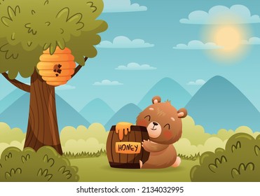 Baby bear sits on the lawn and hugs a barrel of honey. Bushes and a tree with a beehive around. Drawn in cartoon style. Vector illustration for designs, prints and patterns.