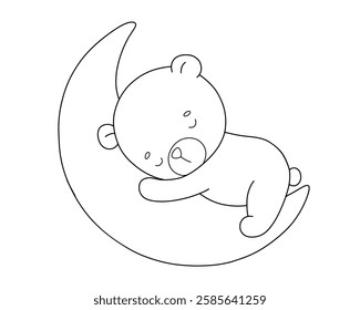 Baby bear sleep on moon, vector line illustration for coloring book