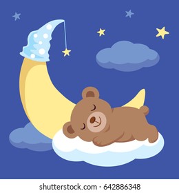 Baby Bear Sleeping On The Cloud Beside With Moon