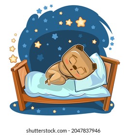 Baby Bear sleeps in bed. Dreaming. Night and stars. Childrens illustration. Nice baby animal fell asleep. Cartoon style picture. Isolated on white background. Vector.