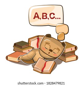 Baby Bear sleeps on books. Dreaming of a dream with letters. ABC. Children's illustration. Nice. The baby animal fell asleep. Cartoon style picture. Isolated on white background. Vector