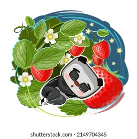 Baby Bear sleeps under a bush of strawberries. Children's illustration. Ripe berry and starry night. Baby animal fell asleep. Cartoon style landscape. Isolated on white background. Vector.