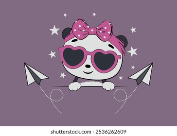 Baby bear with sun glass vector, illustration cute face icon, vector cartoon character for kids t-shirt graphics.