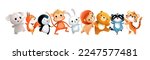 Baby bear tiger lion monkey penguin raccoon and squirrel jumping or dancing, cute animals illustration for kids. Children cartoon of funny happy smiling animals dance, isolated vector clipart.
