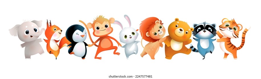 Baby bear tiger lion monkey penguin raccoon and squirrel jumping or dancing, cute animals illustration for kids. Children cartoon of funny happy smiling animals dance, isolated vector clipart. svg