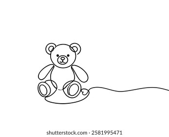 Baby Bear Toy Continuous Single Line Drawing. Bear Teddy Simple Minimalist Illustration. Kids Toy Minimal Vector Sketch Drawing. Gift for Children Abstract Single Line