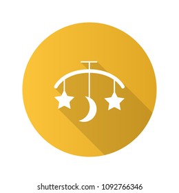 Baby bed carousel flat design long shadow glyph icon. Hanging rattle. Vector silhouette illustration