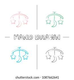 Baby bed carousel hand drawn icons set. Color brush stroke. Hanging rattle. Isolated vector sketchy illustrations