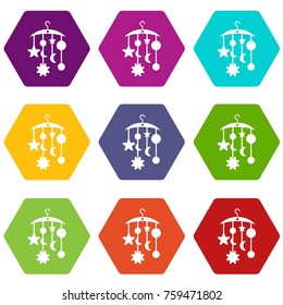 Baby bed carousel icon set many color hexahedron isolated on white vector illustration