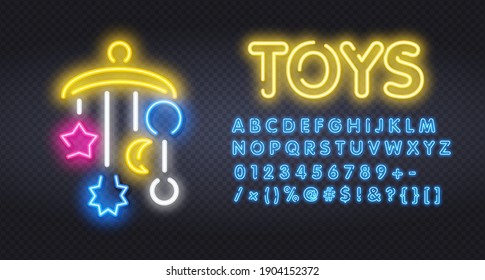 Baby Bed Carousel Neon Light Icon. Hanging Rattle. Glowing Sign With Alphabet, Numbers And Symbols. Vector Isolated Illustration. Crib Mobile Neon Icon.