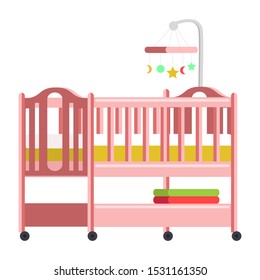 Baby bed, cradle flat vector illustration. Comfortable wooden crib, pink cot with hanging mobile toys and swaddle blankets. Newborn girl room interior decor design element. Childcare accessory