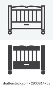 Baby bed line outline and solid icon set. Editable stroke vector sign symbol with crib rails and legs. Baby bed icon twice for nursery sleep and infant furniture.
