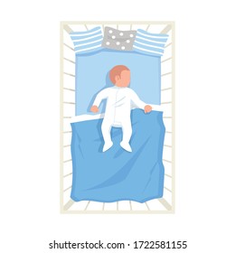Baby in bed semi flat RGB color vector illustration. Infant in cradle with blue bedding. Little child sleep in bedroom. Newborn isolated cartoon character top view on white background