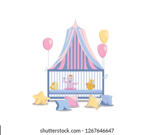 Baby in a bed under a tabby canopy. Little girl in the playpen, decorated with pink balloons and colorful pillows. It's a girl Vector flat cartoon illustration isolated in white background