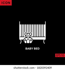 Baby bed vector icon on black background. Illustration flat icon for graphic, print media interfaces and web design.