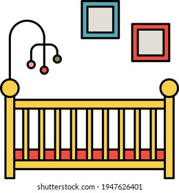 Baby Bed with Wall Frames Concept, Crib with Hangging Toys Vector color line Icon Design, Interior design Symbol, Home Office decoration Sign, Residential and Commercial Decor stock illustration