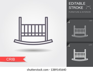 Baby bed,crib. Outline icon with editable stroke. Linear symbol of the furniture and interior with shadow