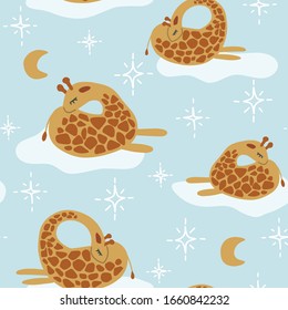 Baby bedding textile seamless pattern with vector sleeping African giraffe isolated clipart on a blue background with clouds, moon and stars. Animal and nature clip art styled as repeat design.