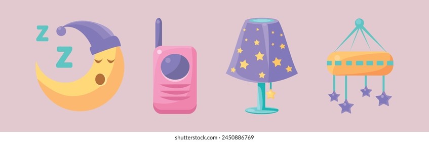 Baby Bedroom and Bedtime Object and Elements Vector Set