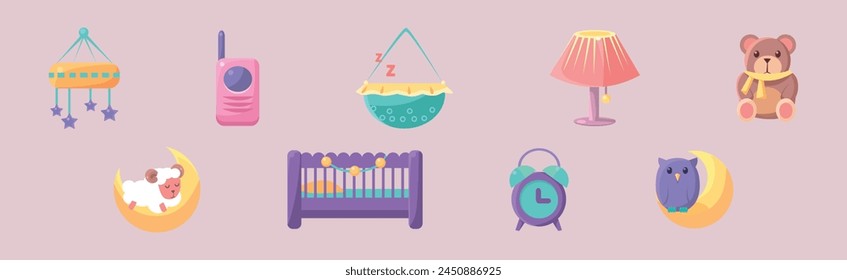 Baby Bedroom and Bedtime Object and Elements Vector Set