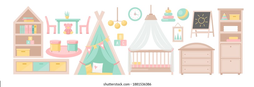 Baby Bedroom Furniture, Children Room Interior Vector Illustration Set. Cartoon Child Nursery Furnishings Collection With Toddler Bed, Closet With Baby Toys, Table With Small Chairs Isolated On White